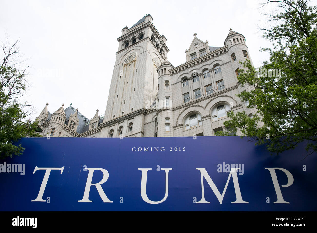 Donald Trump logo signs surrounding the Old Post Office Pavilion, currently being converted into a Trump International Hotel, in Stock Photo