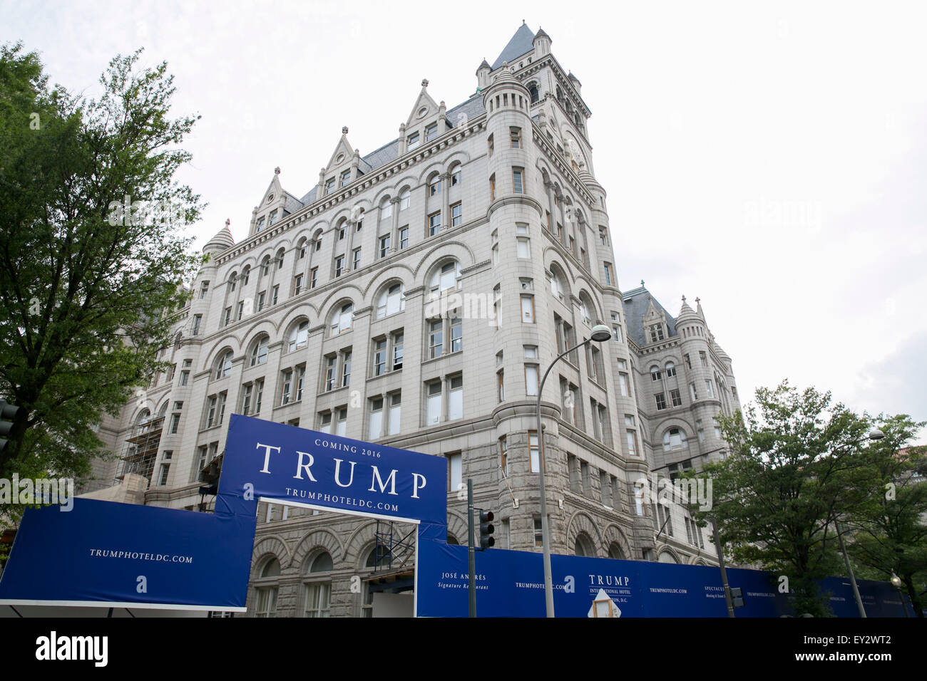 Donald Trump logo signs surrounding the Old Post Office Pavilion, currently being converted into a Trump International Hotel, in Stock Photo