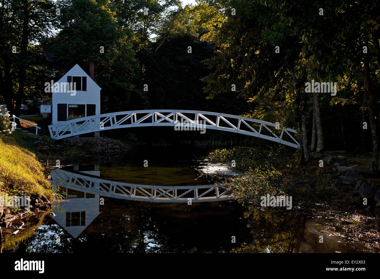 1780 Selectmen's Building with footbridge over pond, Somesville, Maine