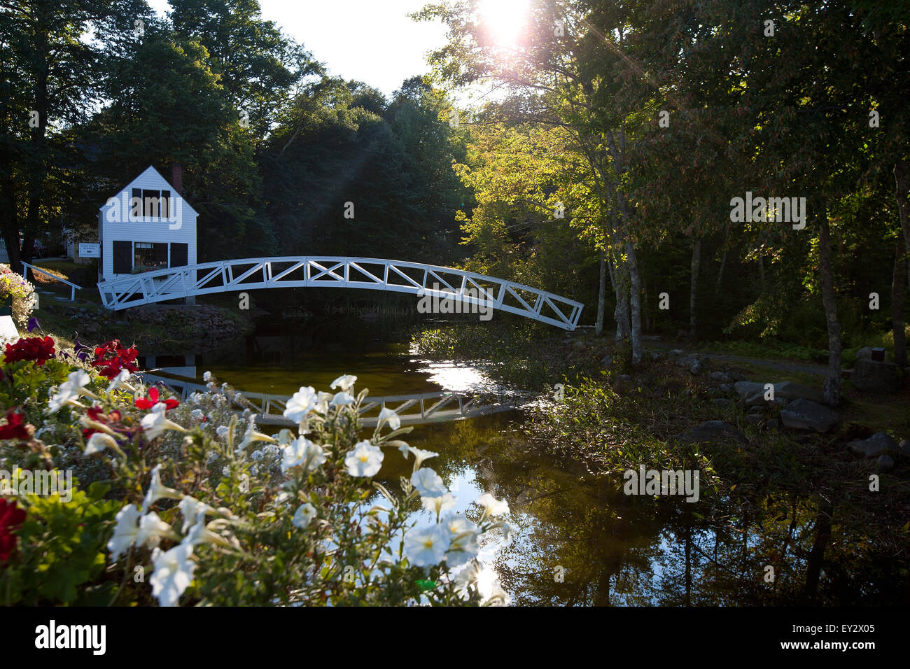 1780 Selectmen's Building with footbridge over pond, Somesville, Maine