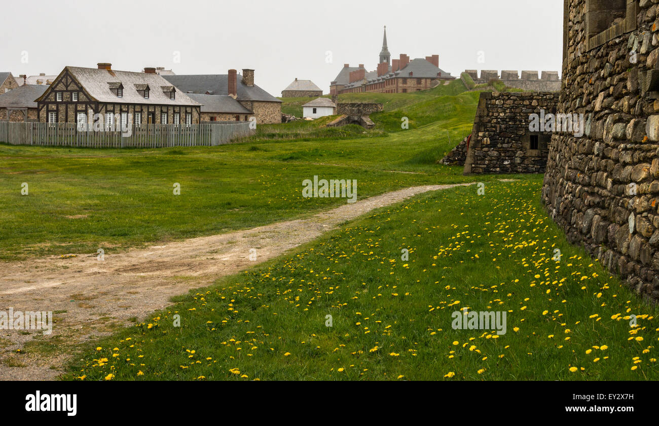 Grounds of Fortress Louisbourg on a foggy day in Louisbourg, Nova Scotia, Canada - Stock Image