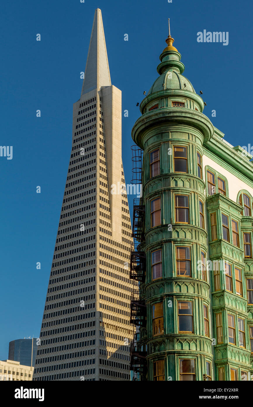 The Sentinel Building and The Transamerica building appear to be  side by side on Columbus Avenue, San Francisco, California Stock Photo