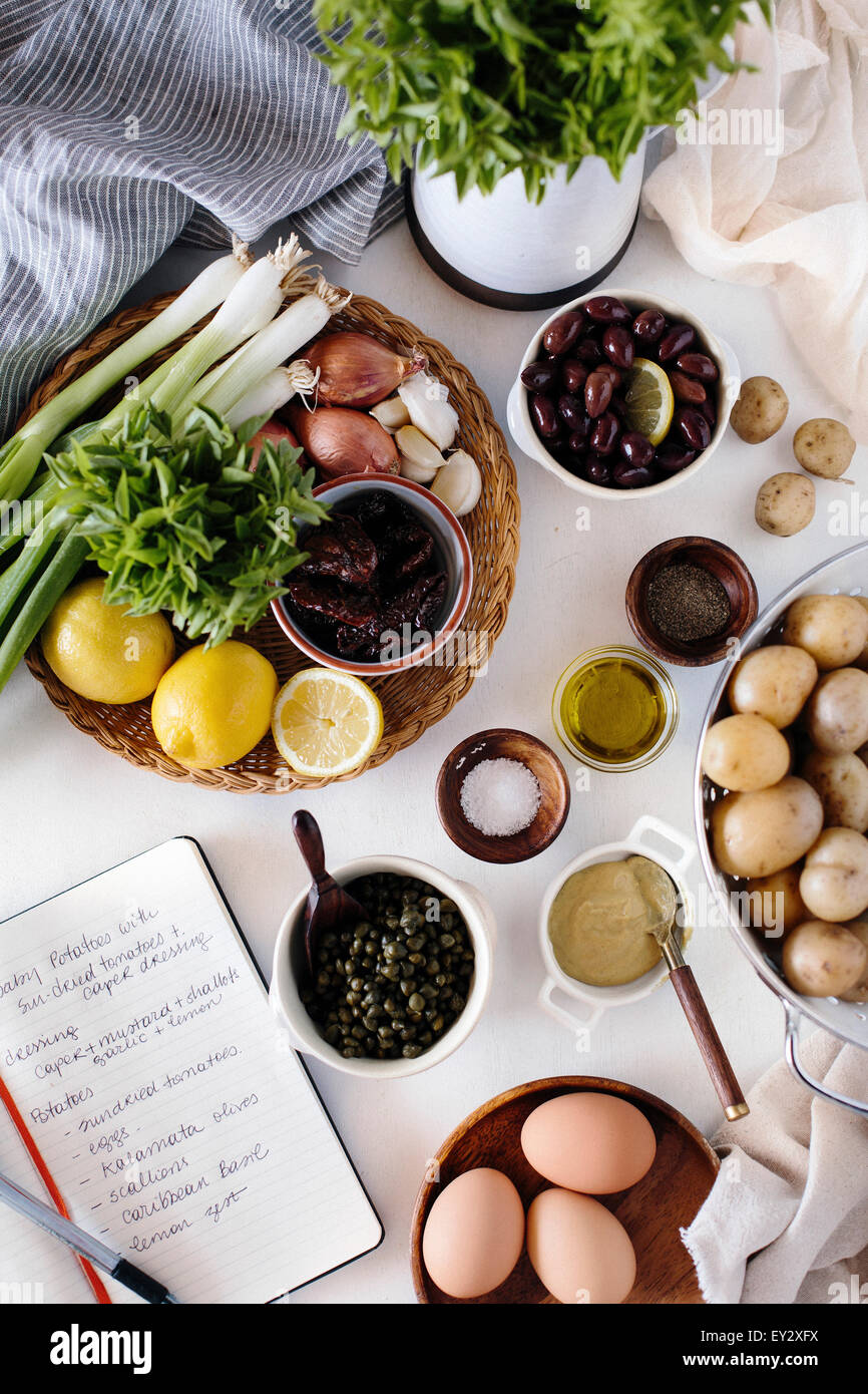 Recipe in Progress. Ingredients for Baby Potato Salad with Sun Dried