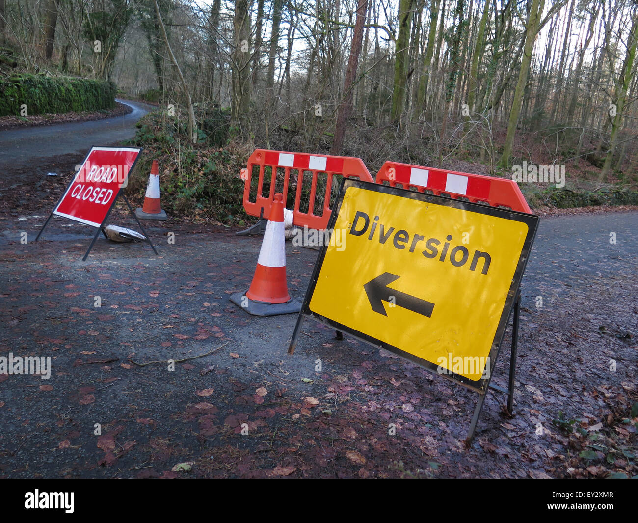 Diversion and Road Closed signs on a country road in the Lake District Stock Photo Alamy