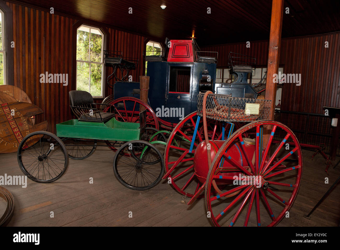 Carriages inside the Coach Barn, Los Angeles County Arboretum and Botanic Garden, Arcadia, California, United States of America Stock Photo