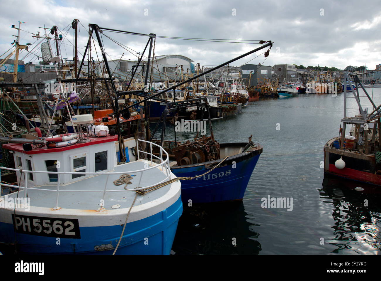 Commercial Fishing vessels moored in Sutton Harbour Plymouth by the fish market, Stock Photo