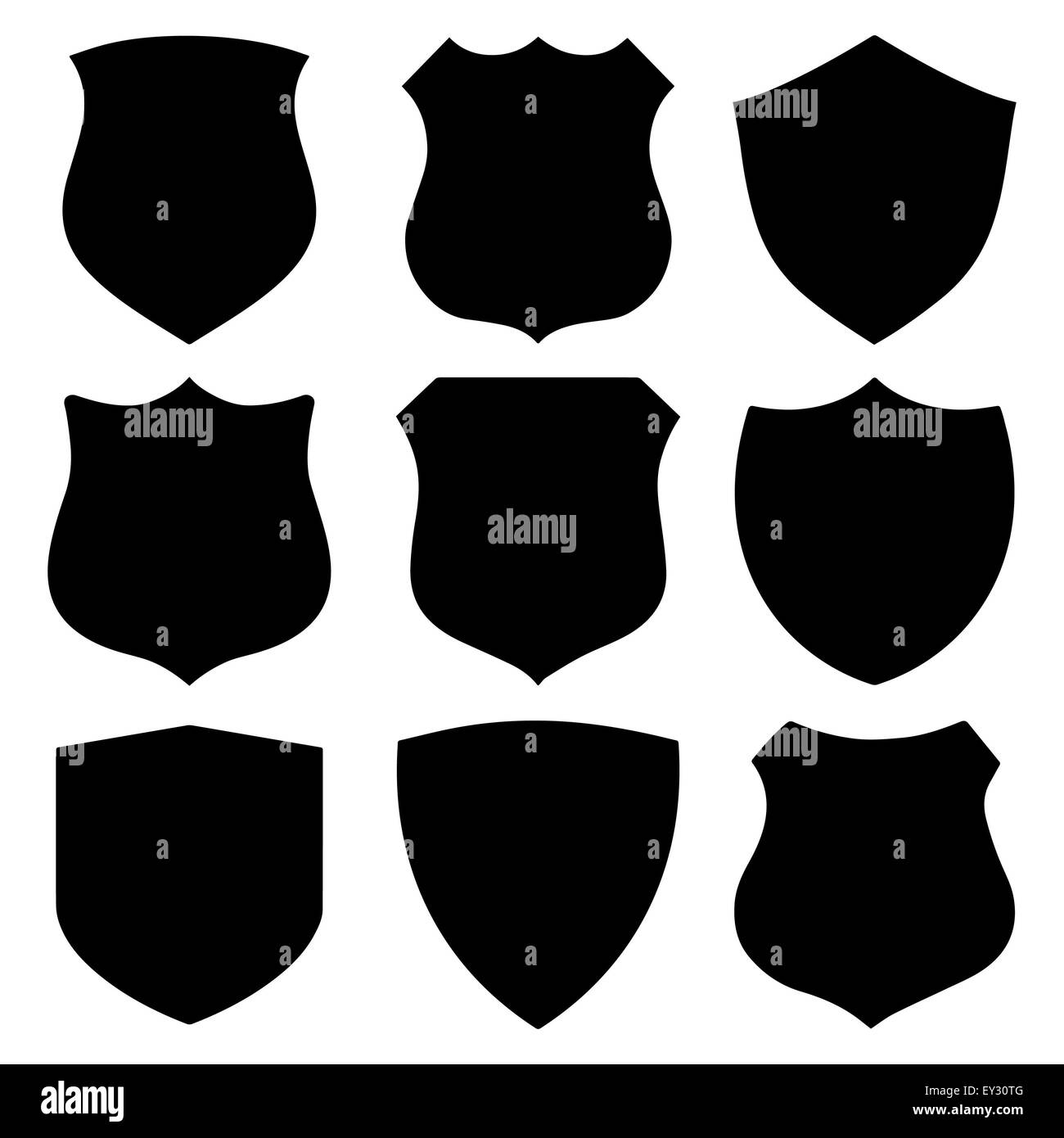 Collection of 9 black shield outlines ideal for artwork Stock Photo