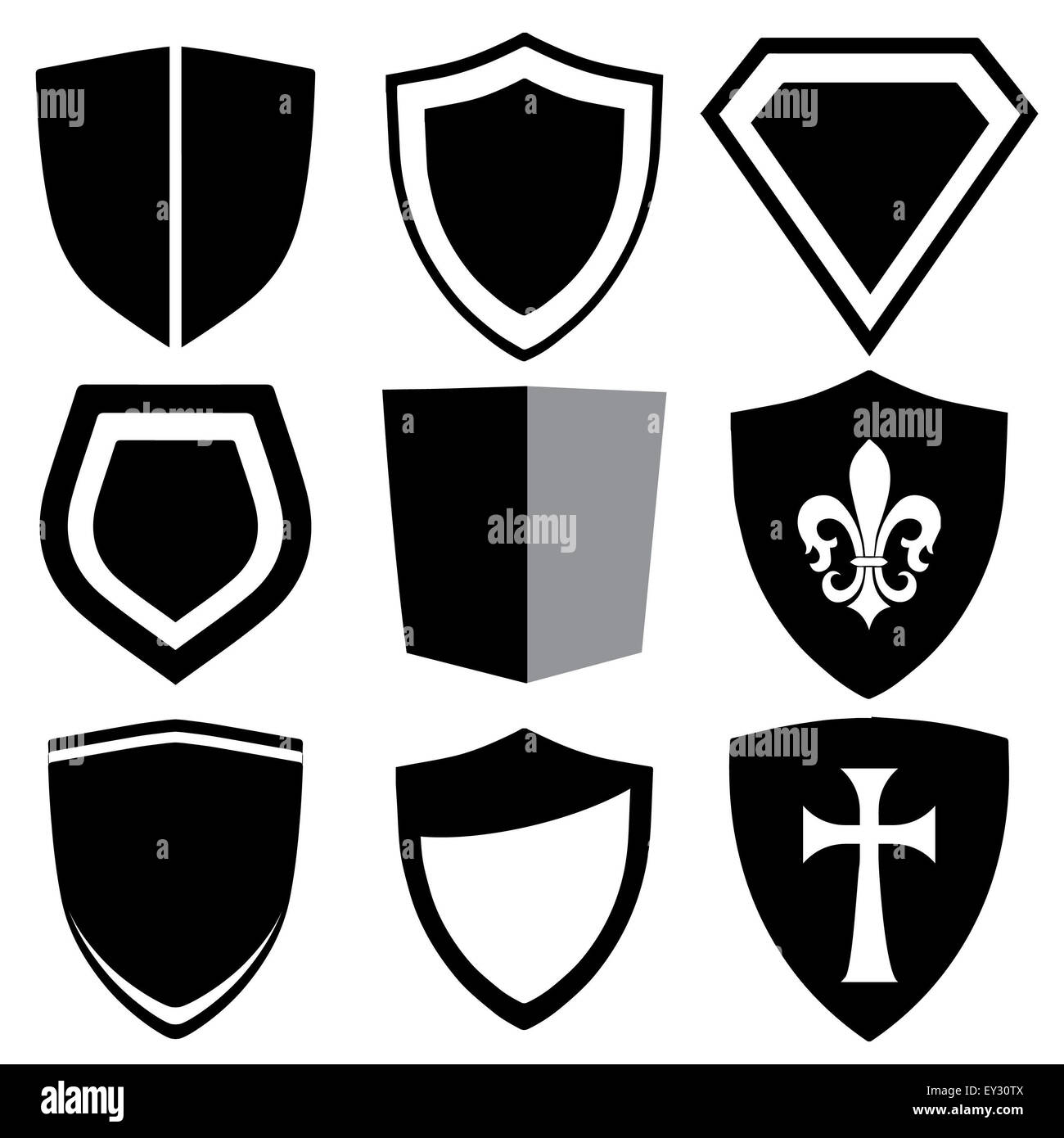 Simple black and white illustration vector shields with fleur de lis and templar cross Stock Photo