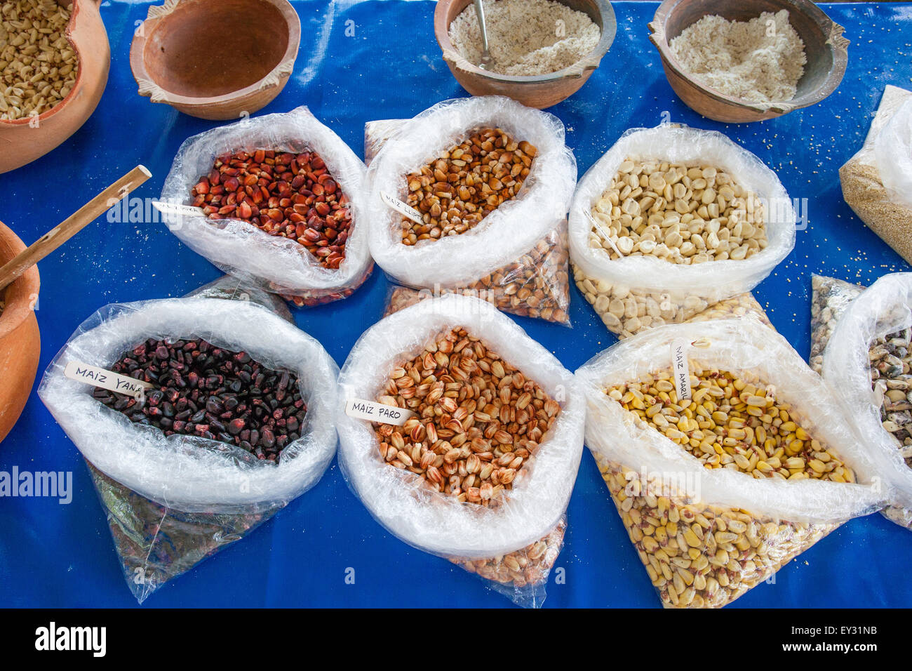 Display of different types of maiz, largekernel corn grown in Peru