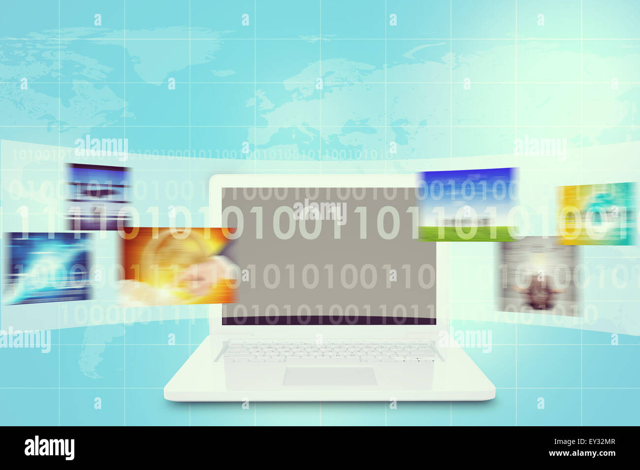 Laptop and world map with figures Stock Photo - Alamy