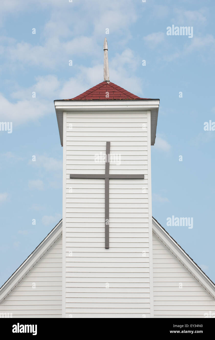 White church steeple and blue sky. Stock Photo