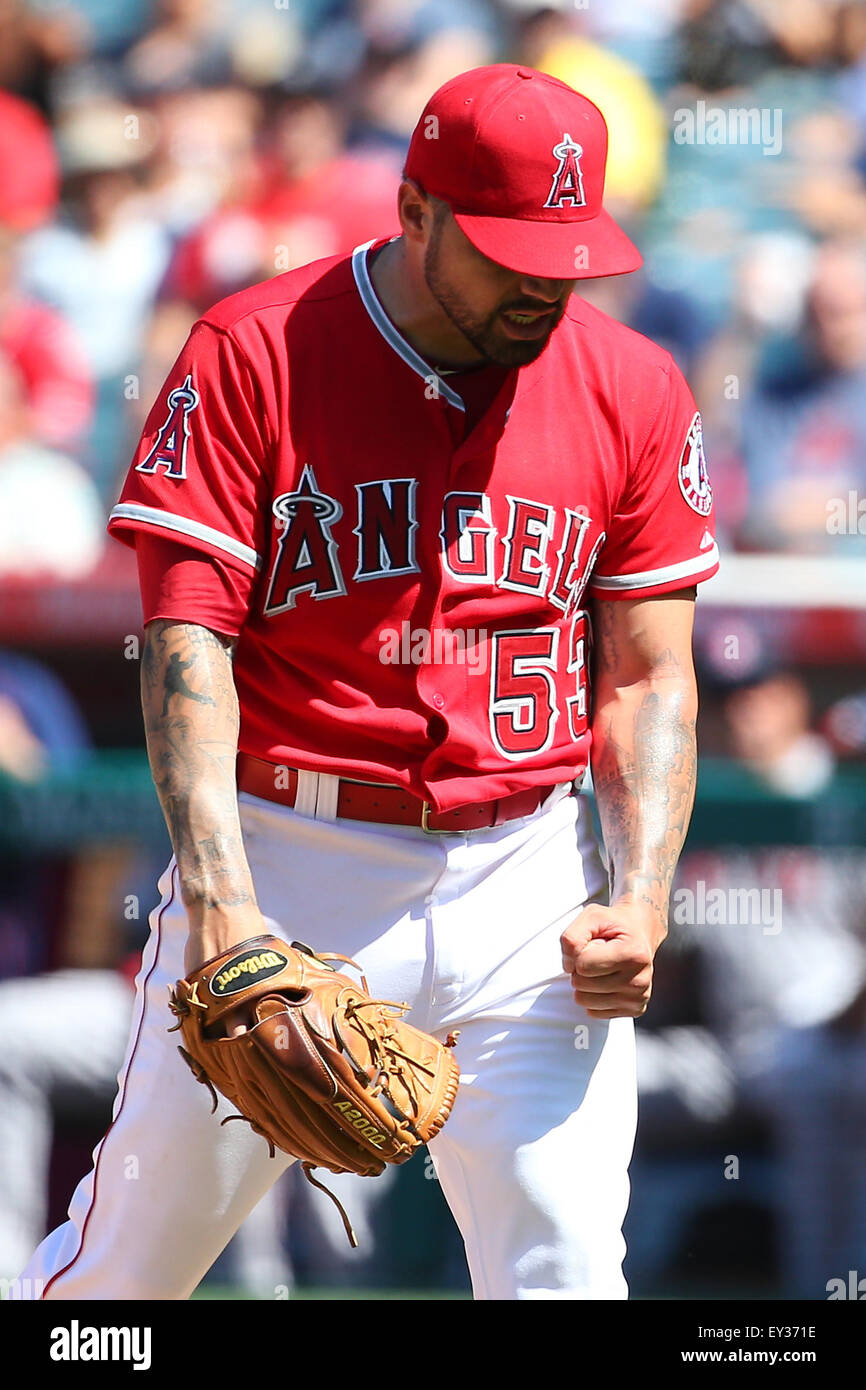 July 20, 2015: Los Angeles Angels starting pitcher Hector Santiago #53 fist pumps after getting out of a bases loaded jam in the first game of the double header between the Boston Red Sox and Los Angeles Angels of Anaheim, Angel Stadium in Anaheim, CA, Photographer: Peter Joneleit Stock Photo