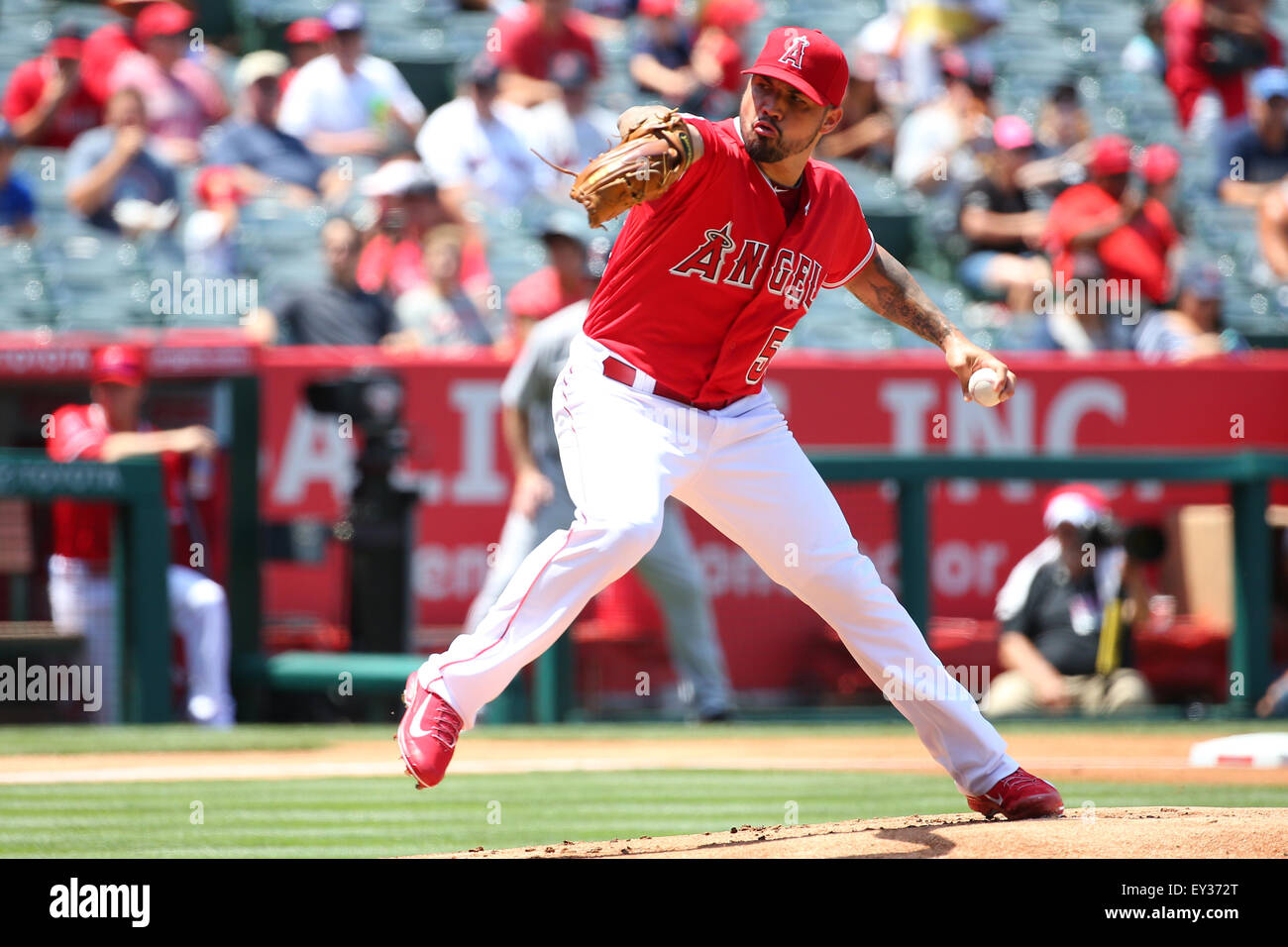 July 20, 2015: Los Angeles Angels starting pitcher Hector Santiago #53 makes the start for the Angels in the first game of the double header between the Boston Red Sox and Los Angeles Angels of Anaheim, Angel Stadium in Anaheim, CA, Photographer: Peter Joneleit Stock Photo