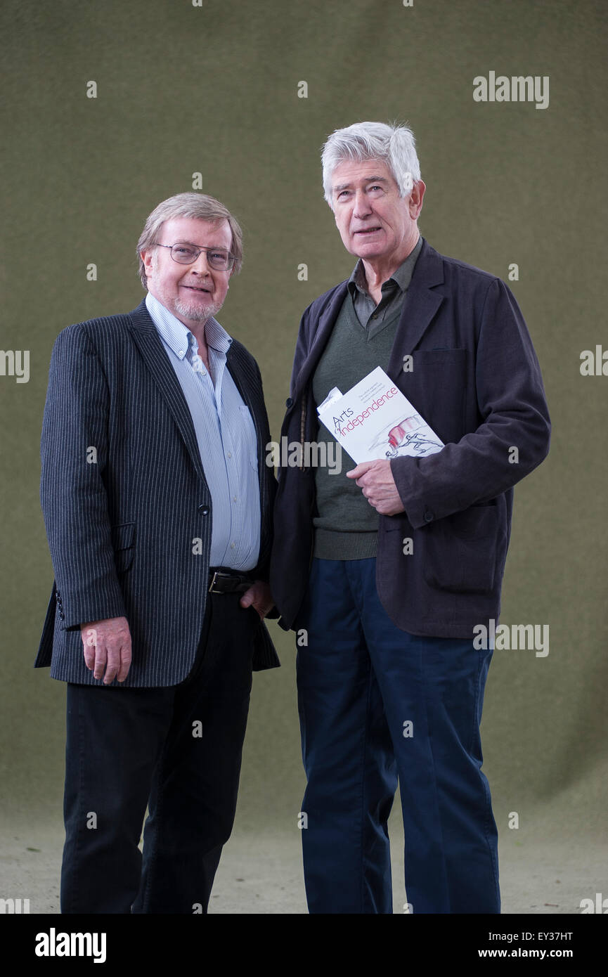 Artist Alexander Moffat(R) with poet Alan Riach(L) attending the Edinburgh International Book Festival. Stock Photo