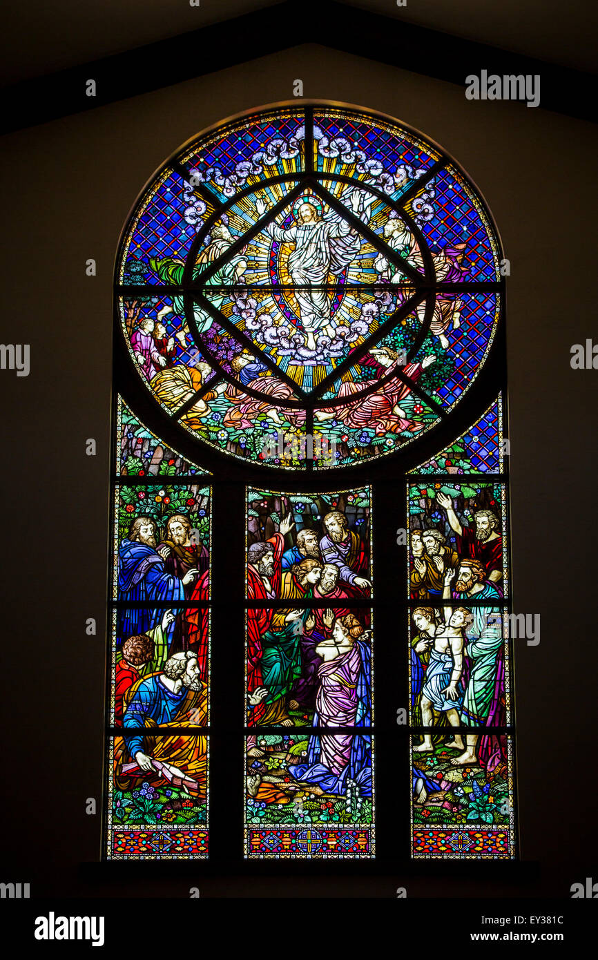 A stained glass window in the Immaculate Conception Church near Cottonwood, Arizona, USA. Stock Photo