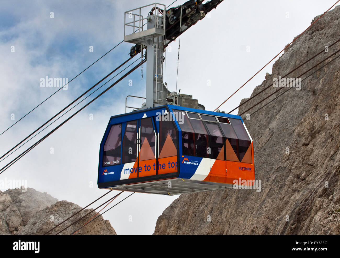 Cabin of the Marmolada Cable Car Lift, from Malga Ciapela to Serauta to Punta Rocca, Dolomites, Italy Stock Photo