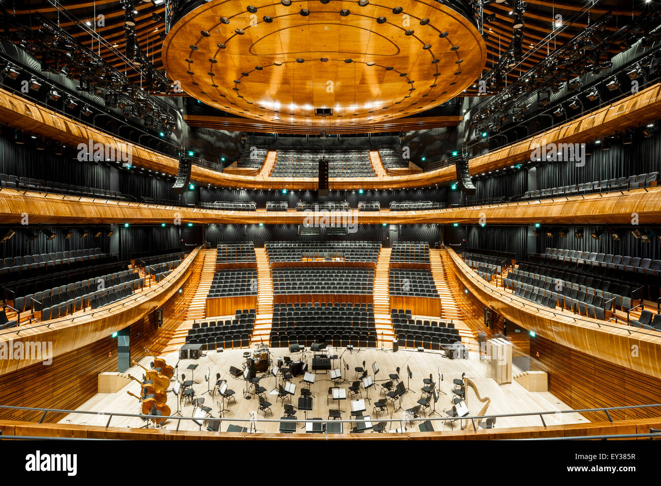 Overall view of grand concert hall. National Polish Radio Symphony Orchestra (NOSPR), Katowice, Poland. Architect: Konior Studio Stock Photo