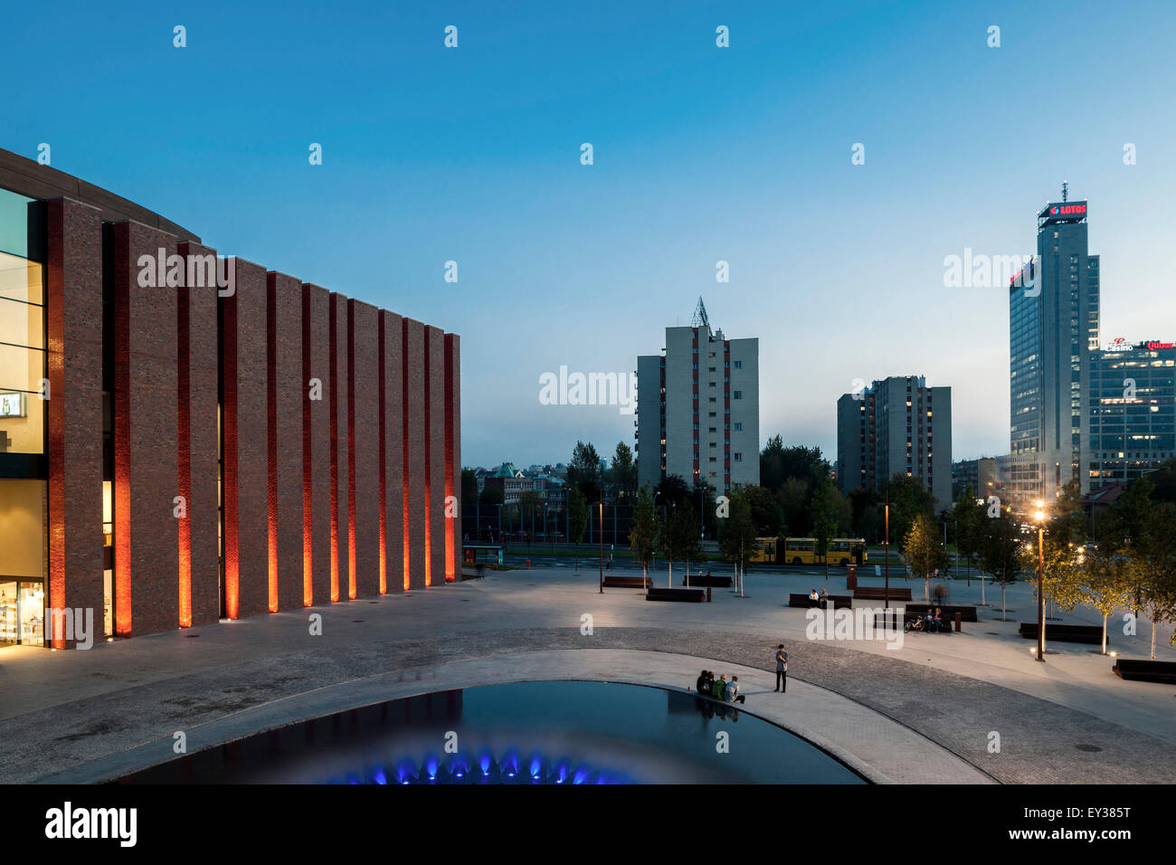 Dusk elevation with public square. National Polish Radio Symphony Orchestra (NOSPR), Katowice, Poland. Architect: Konior Studio Stock Photo