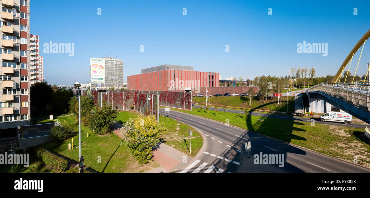 Distant panoramic view with cityscape and infrastructure. National Polish Radio Symphony Orchestra (NOSPR), Katowice, Poland. Ar Stock Photo