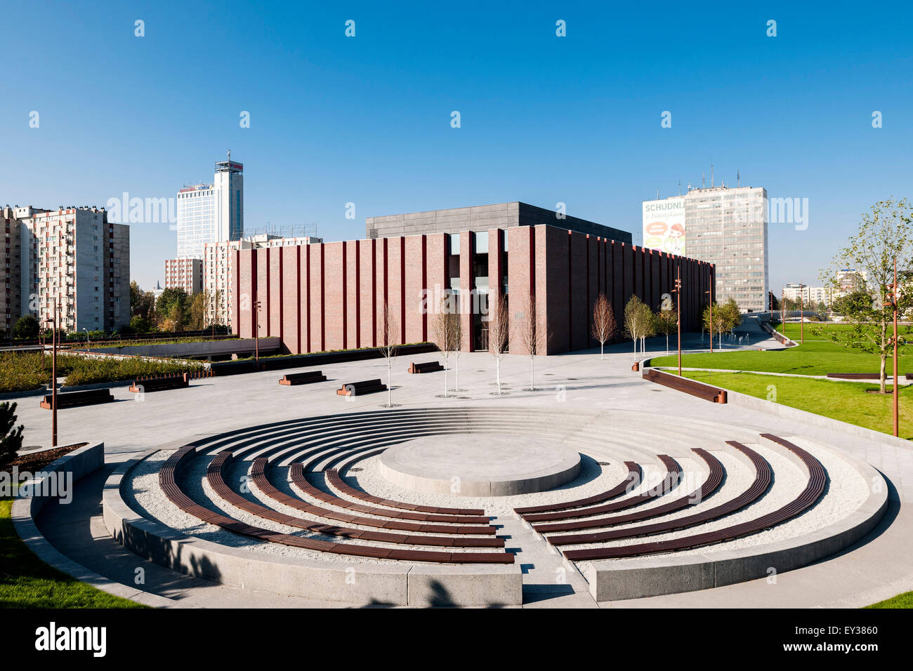 Corner elevation with landscaped public square. National Polish Radio Symphony Orchestra (NOSPR), Katowice, Poland. Architect: K Stock Photo