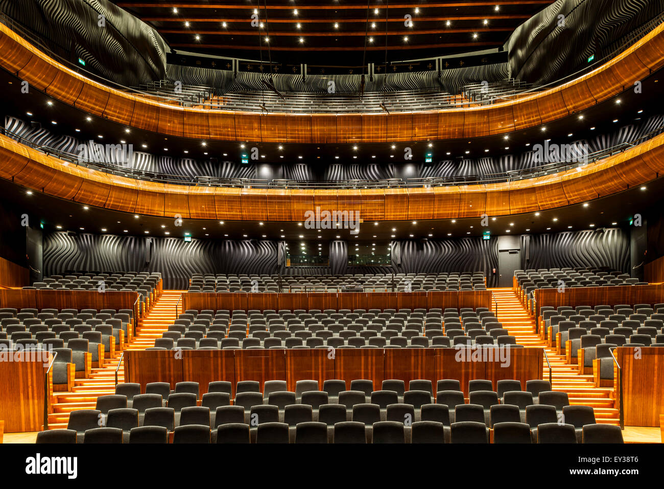 View of grand concert hall with seating and circles. National Polish Radio Symphony Orchestra (NOSPR), Katowice, Poland. Archite Stock Photo