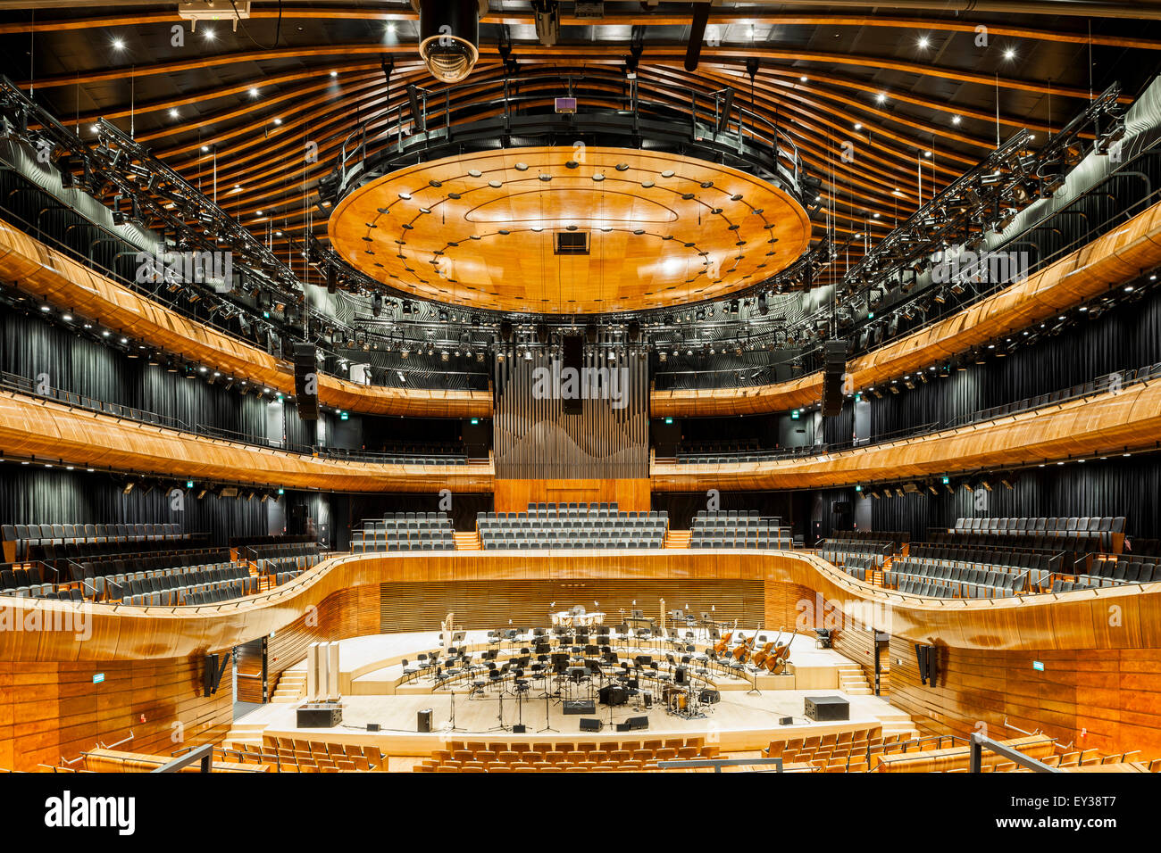 Overall view of grand concert hall. National Polish Radio Symphony Orchestra (NOSPR), Katowice, Poland. Architect: Konior Studio Stock Photo