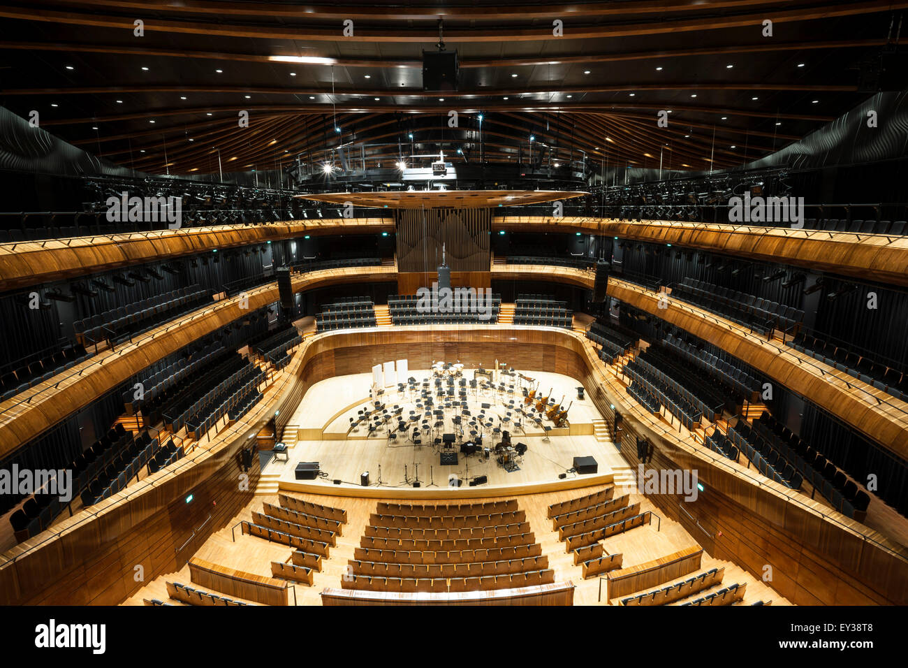 Elevated view of grand concert hall. National Polish Radio Symphony Orchestra (NOSPR), Katowice, Poland. Architect: Konior Studi Stock Photo