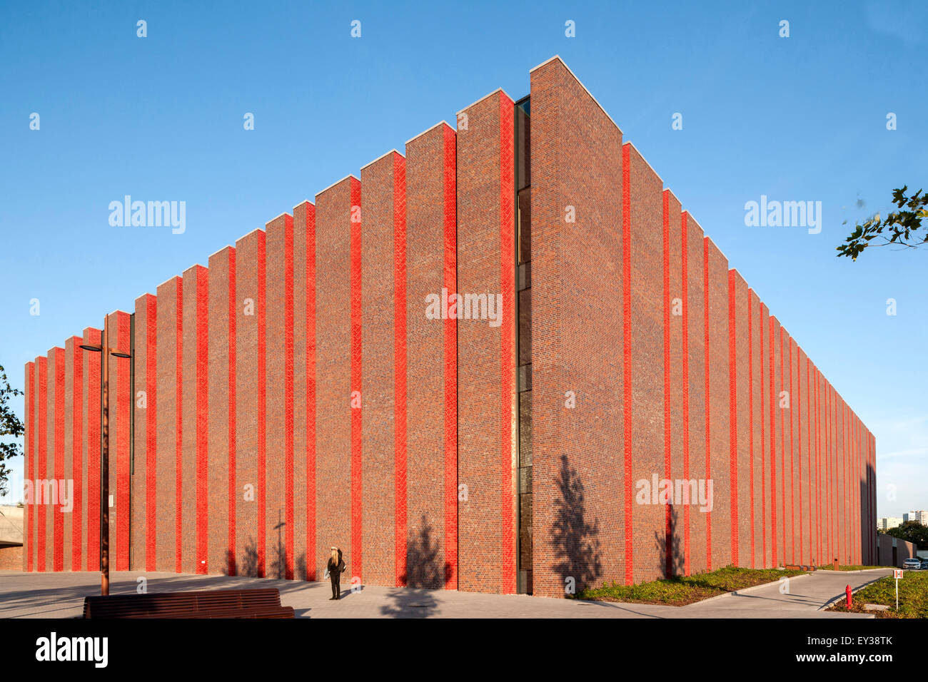 Corner elevation of brick facade. National Polish Radio Symphony Orchestra (NOSPR), Katowice, Poland. Architect: Konior Studio , Stock Photo