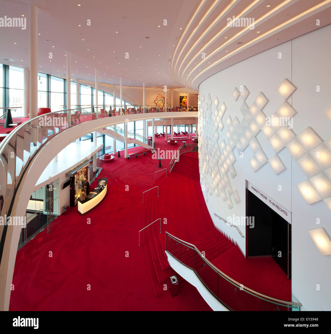 Spacious foyer with decorative light installation, main entrance, Stage
