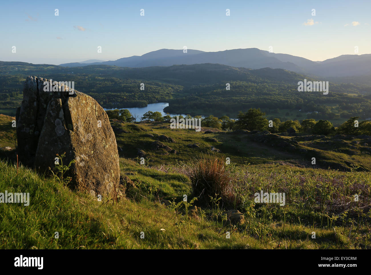 Windermere summer evening. Summer evening on wansfell pike looking at windermere and coniston fells lake district summer evening Stock Photo