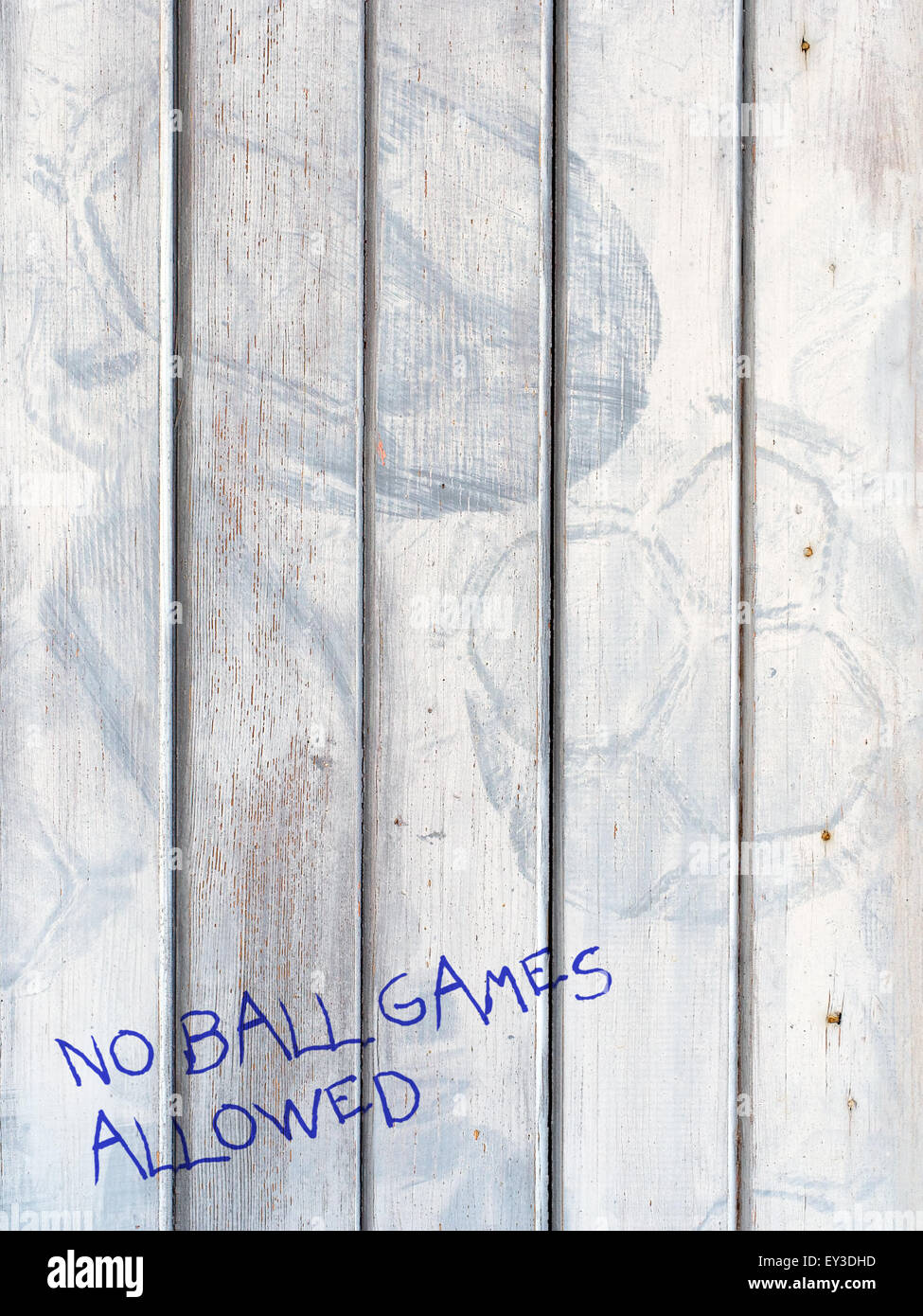 No Ball Games - on door clearly marked by balls. Sports maybe. Or teen delinquents/rebellion! Stock Photo
