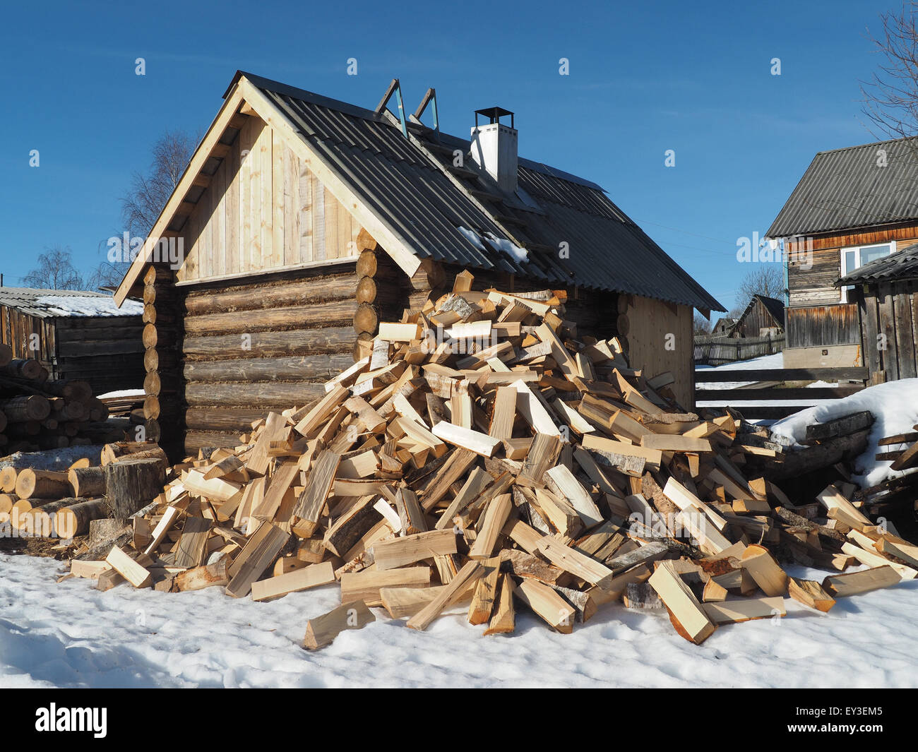 Wooden house in winter village Stock Photo - Alamy