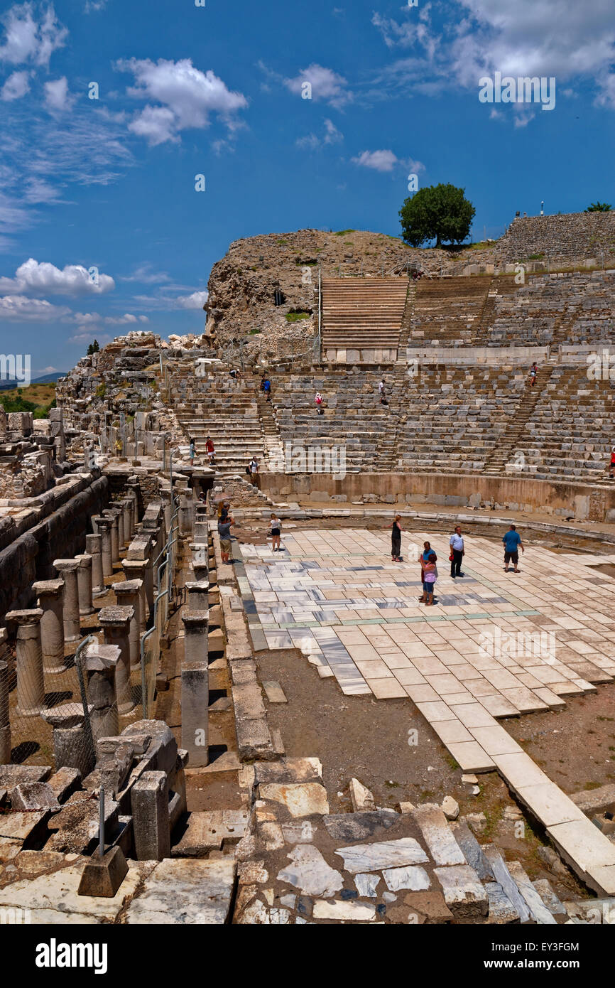 The large main Amphitheatre at the ancient Greek/Roman Empire town of Ephesus near Selcuk, Kusadasi, Turkey. Stock Photo