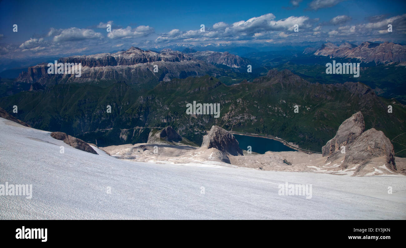 Sella Massif as seen from Punta Rocca, the summit of the Marmolada Cable Car, Dolomites, Italy Stock Photo