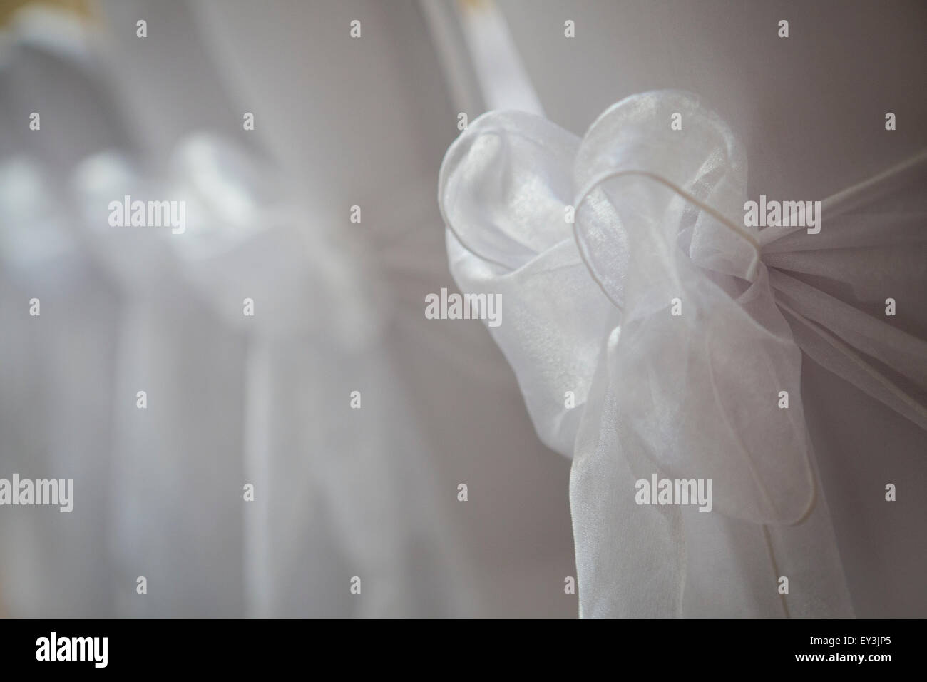 White satin bow tied on a chair. Stock Photo
