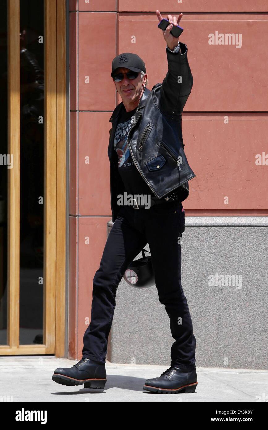 Twisted Sister frontman, Dee Snider rides his Indian motorcycle while out and about in Beverly Hills  Featuring: Dee Snider, Daniel Snider Where: Los Angeles, California, United States When: 18 May 2015 Stock Photo