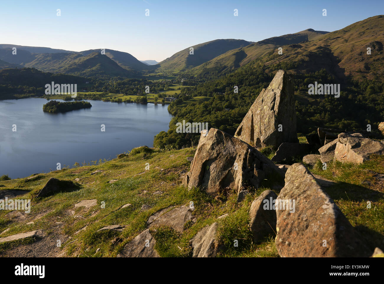 Grasmere summer evening. Loughrigg fell summer evening on Grasmere and helm crag Stock Photo