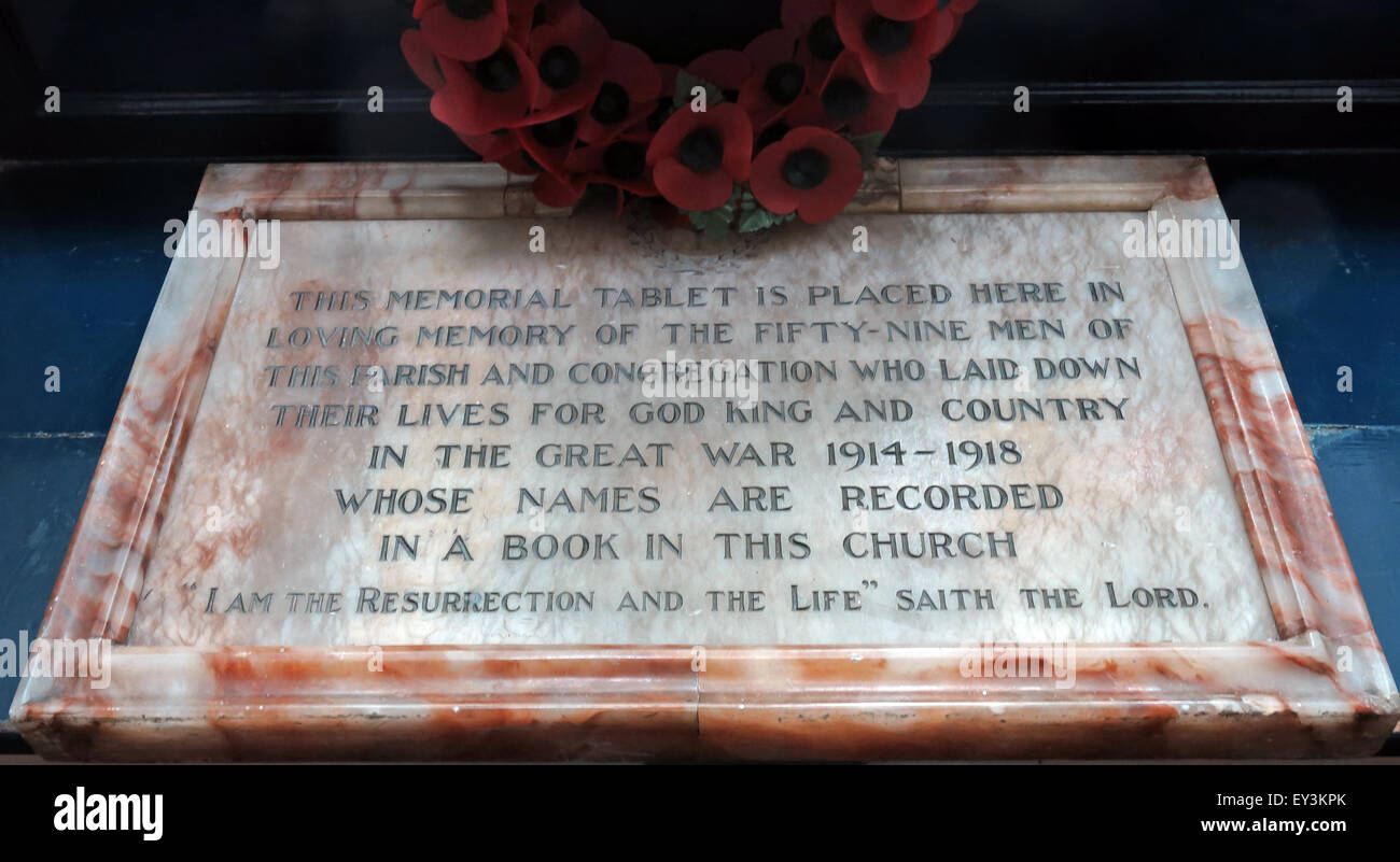 St Cuthberts Church,Carlisle,Cumbria,England,UK interior- Memorial Tablet,1914,1918 Stock Photo