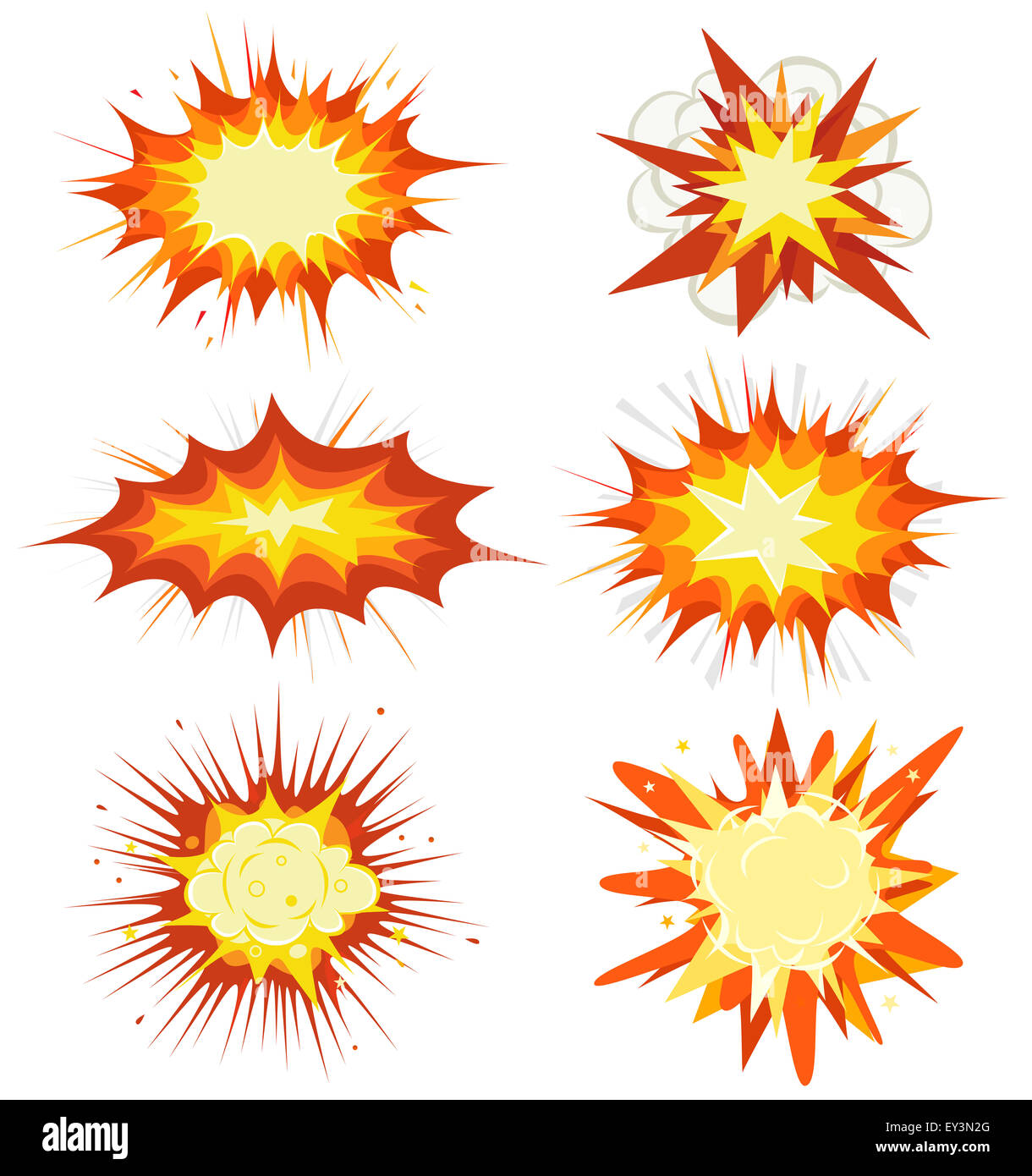 Illustration of a set of comic book explosion, blast and other cartoon fire bomb, bang and exploding symbols Stock Photo