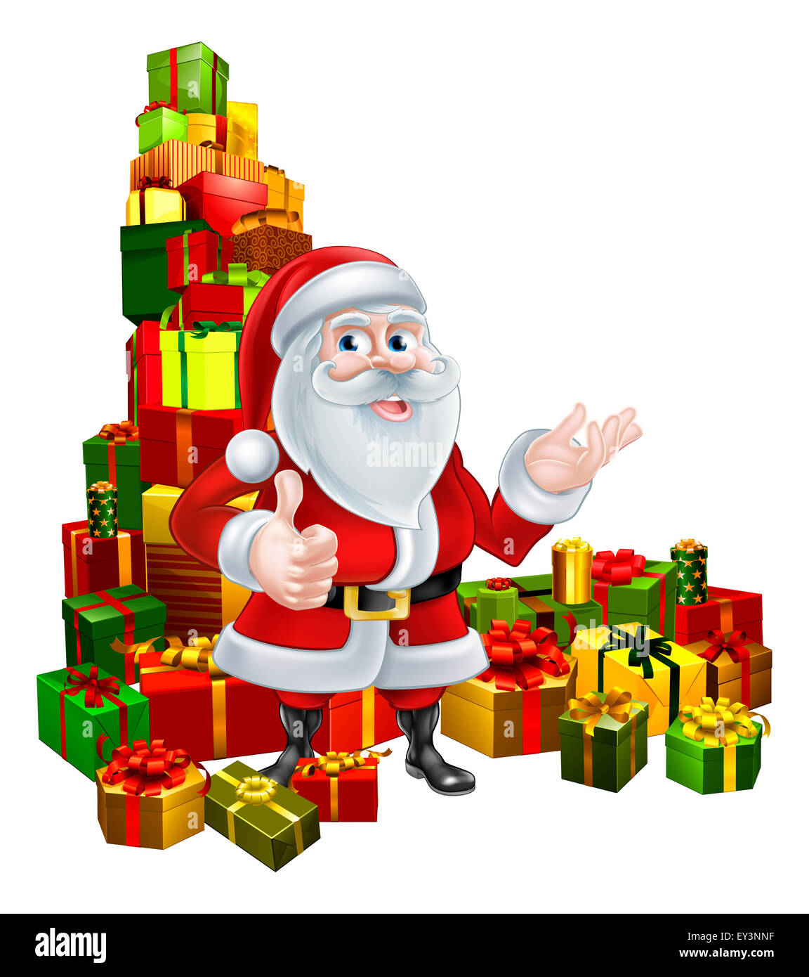 Christmas illustration of Santa Claus giving a thumbs up and standing in the middle of a huge stack of gifts Stock Photo