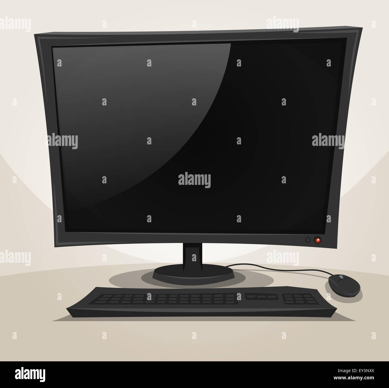 Illustration of a cartoon desktop computer turned off, with mouse, keyboard and empty black