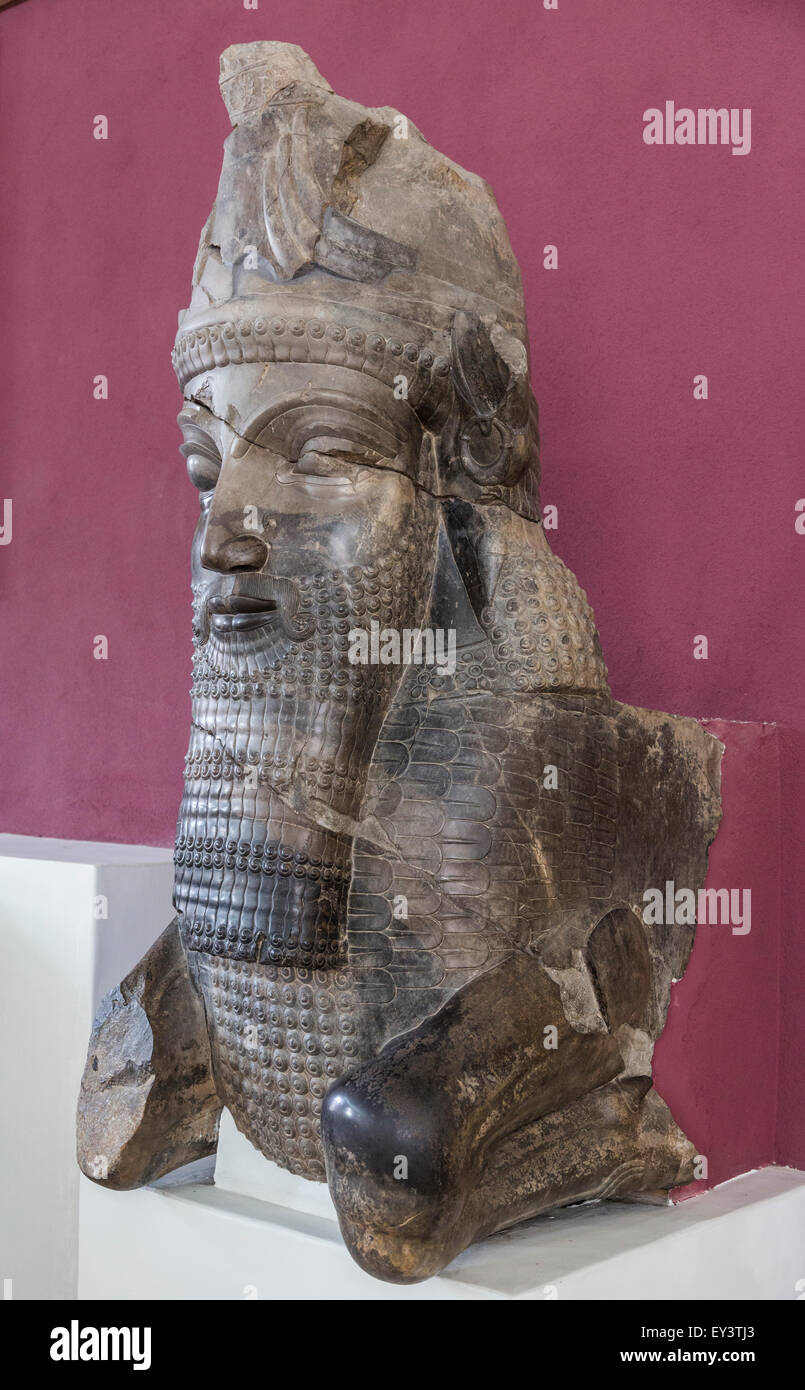 column capital with human-headed bull from Apadana, Persepolis, National Museum, Tehran, Iran Stock Photo