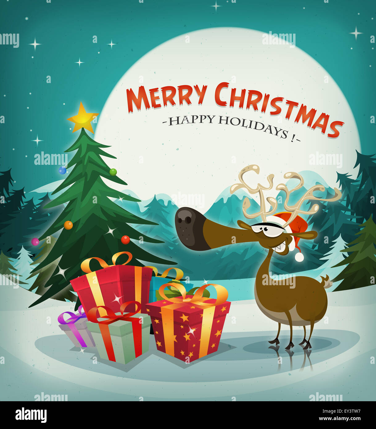 Illustration of a funny reindeer with santa claus hat next to christmas fir and gift pack, on winter's eve holidays background Stock Photo