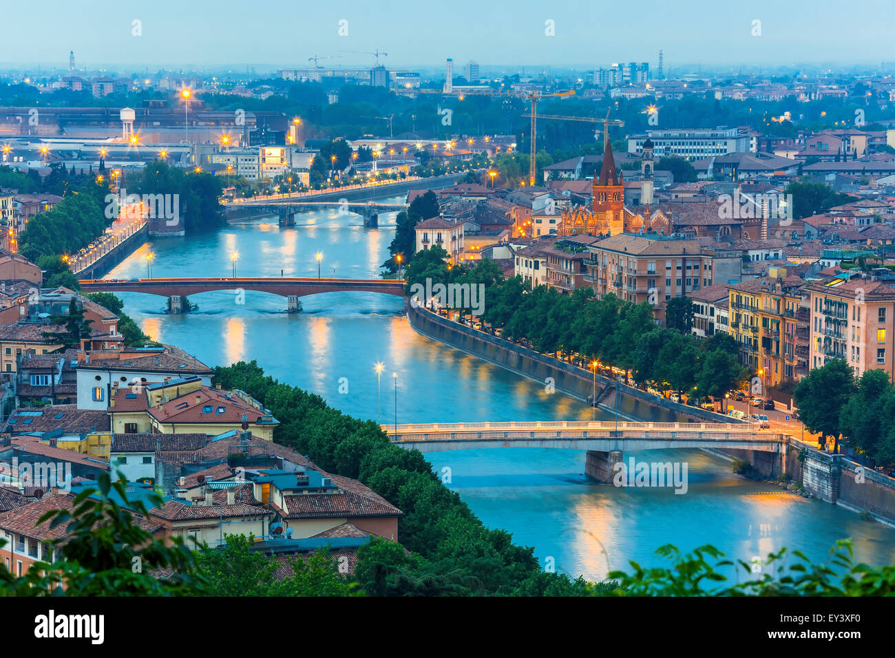 River Adige and bridges in Verona at night, Italy Stock Photo - Alamy