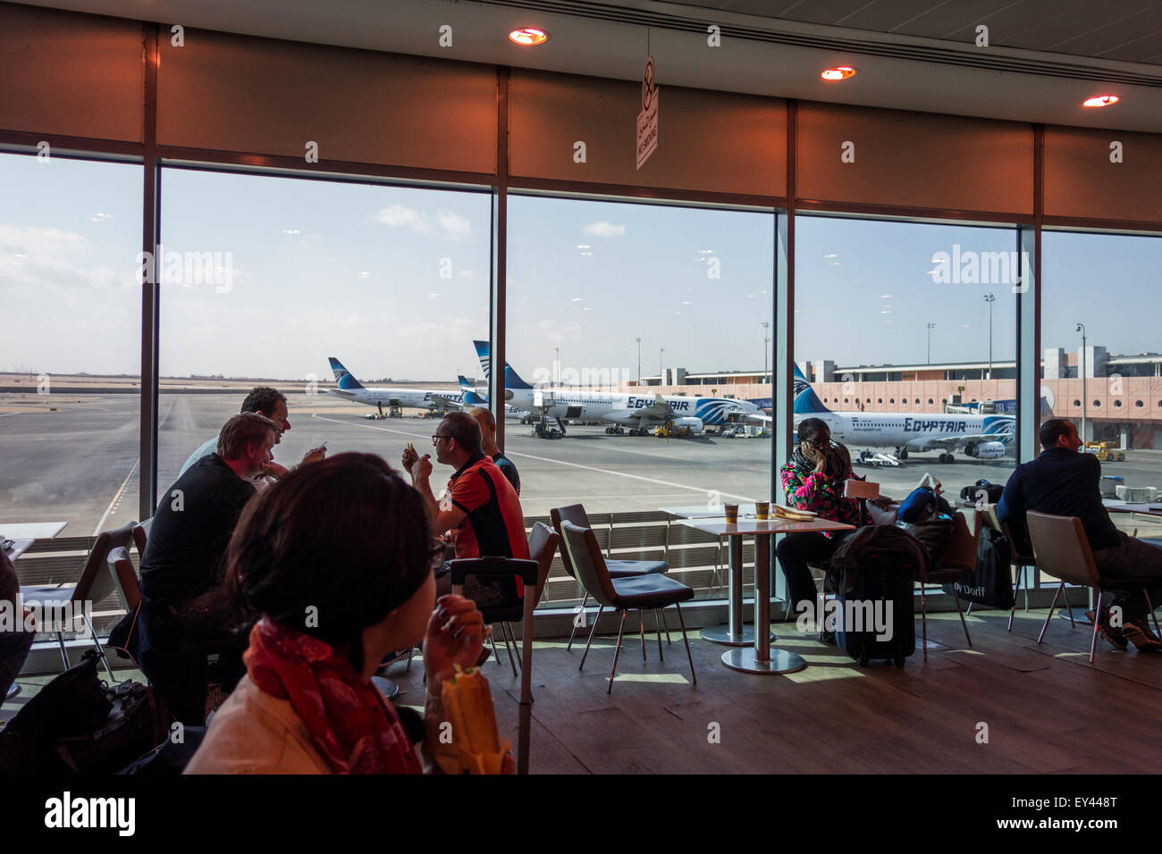 cafe and view to planes, terminal three, Cairo Airport, Egypt Stock Photo