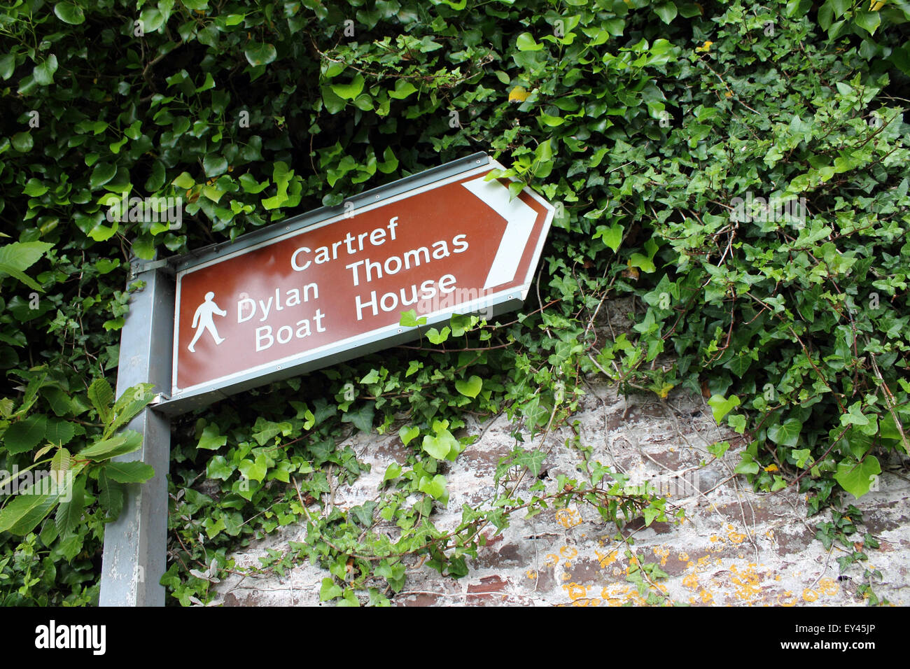 Dylan Thomas boat house sign, Laugharne, Carmarthenshire, Wales, UK Stock Photo