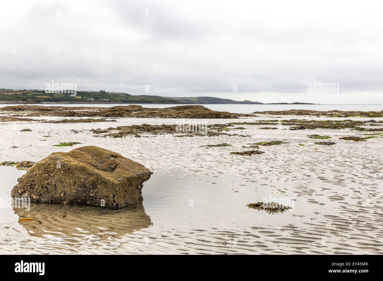Marazion beach at low tide on a foggy day, Cornwall, UK Stock Photo