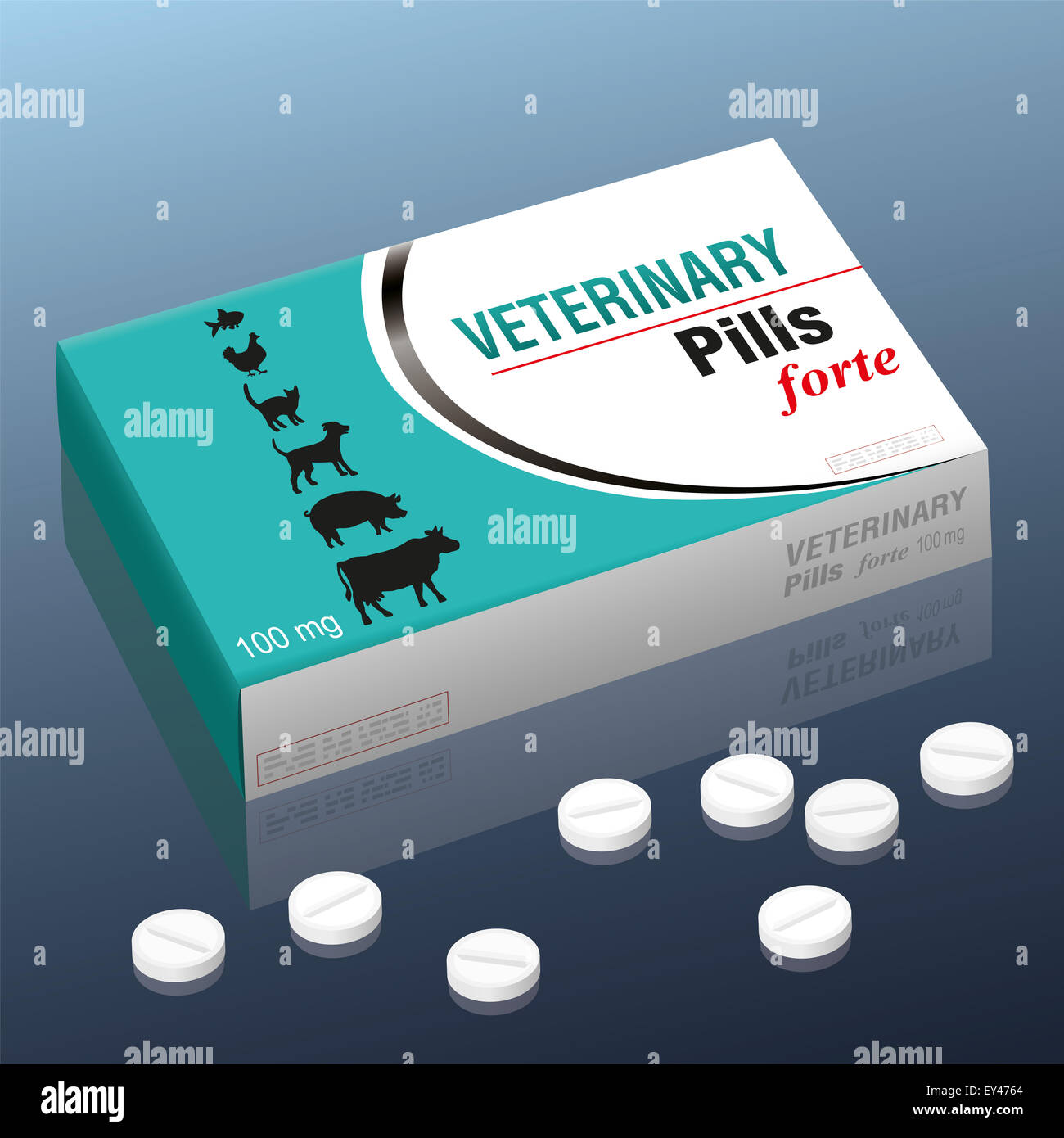 Tablets named VETERINARY PILLS FORTE with silhouettes of animals as brand logo on the cardboard packet. Stock Photo