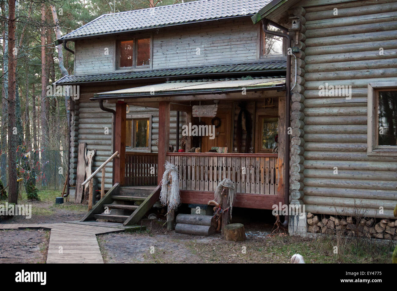 Old wooden house in the woods. Autumn season. Pine forest Stock Photo ...