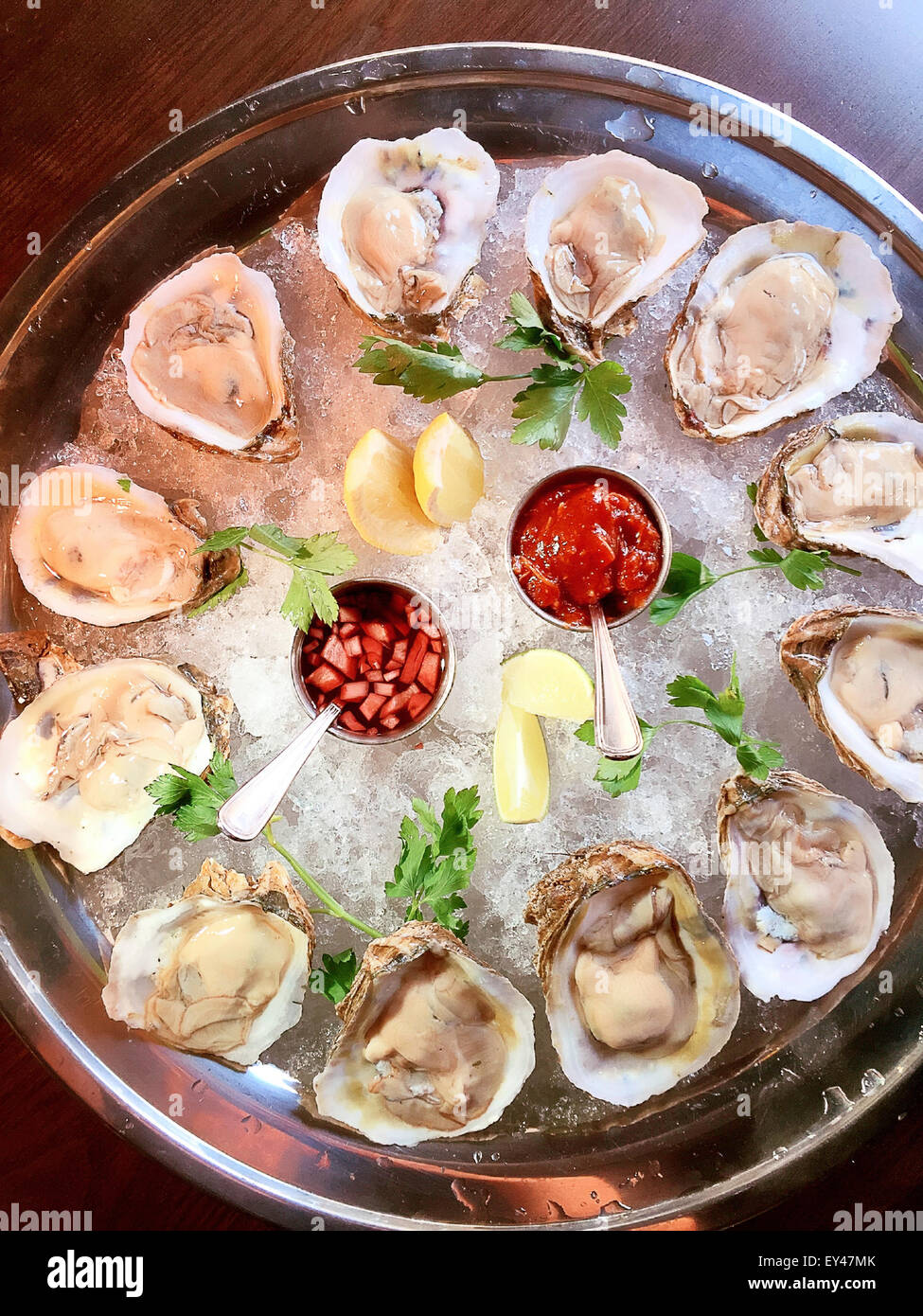 Raw Oysters on the Halfshell, Gourmet Restaurant Dining, USA Stock Photo